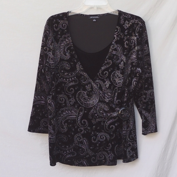 Notations Silver Glitter Black Velvet Paisley Top - L - Picture 1 of 7